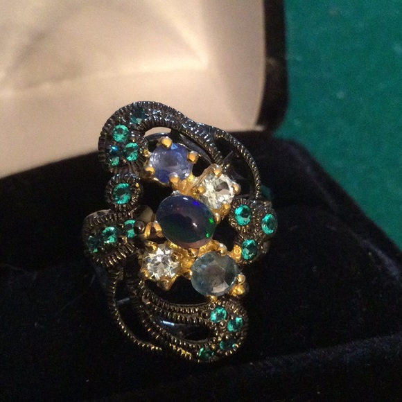 Genuine Black Opal Ring With Sapphires - Picture 3 of 11